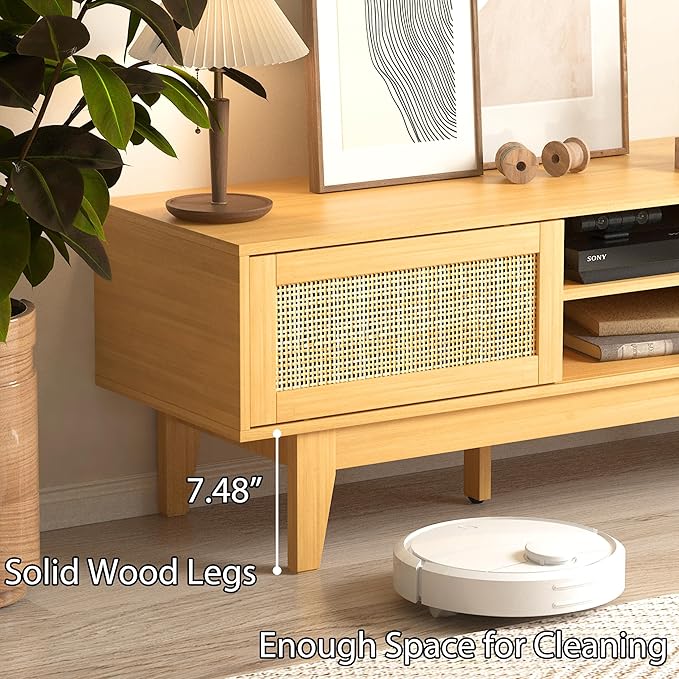 Boho TV Stand for 55 65 Inch TV, Rattan Entertainment Center with Shelves, Cabinets and Sliding Doors, TV Media Console Table with Solid Wood Feet & Cord Holes for Living Room, Bedroom, Natural-NeatNest