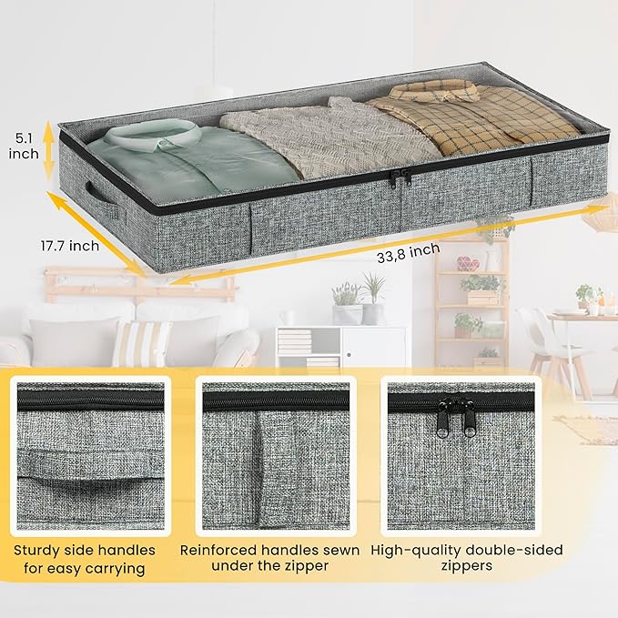 Gray Low Profile Under Bed Storage Containers 5 inches high, 33.8"x 17.7"x 5.1", Sturdy Underbed Shoe Storage Organizer, Foldable Fabric Under the Bed Storage Bins - Pack of 2-NeatNest