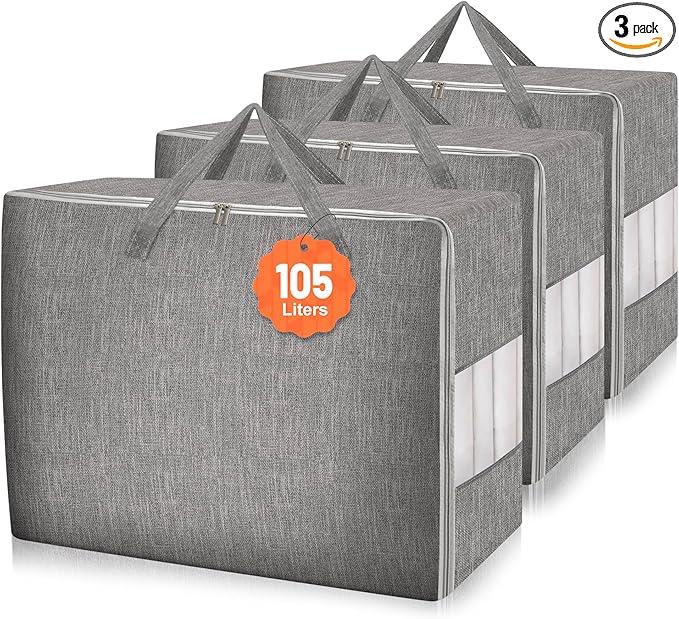 3 Pack 105L Comforter Storage Bags, Extra Large Bedding Storage Bags with Sturdy Zipper and Reinforced Handle, Clear Window, Moving Closet Organizers for Comforters and Blankets, Pillows-NeatNest
