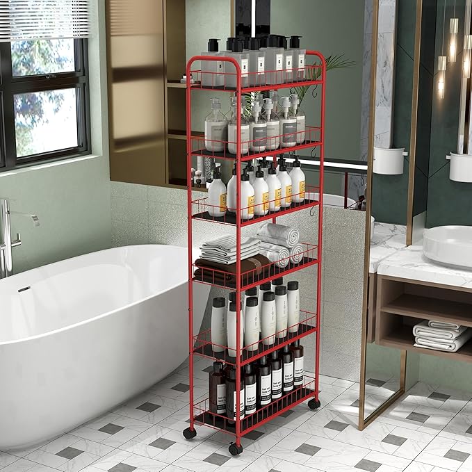 6 Tier Slim Storage Cart with Wheels Metal Rolling Organizer Utility Cart Narrow Mobile Shelving Unit Tiered Storage Shelf on Wheels for Kitchen Bathroom (Red, 10")