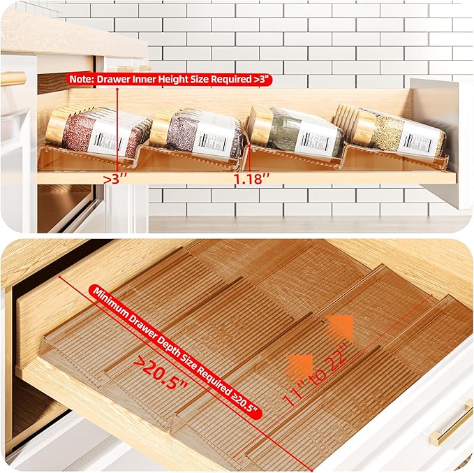 Spice Drawer Organizer, 4 Tier- 4 Pack Amber Acrylic Drawer Seasoning Organizer, Expandable From 11'' to 22'' Kitchen Spice Rack Organizers and Storage for Drawer (Jars not included)