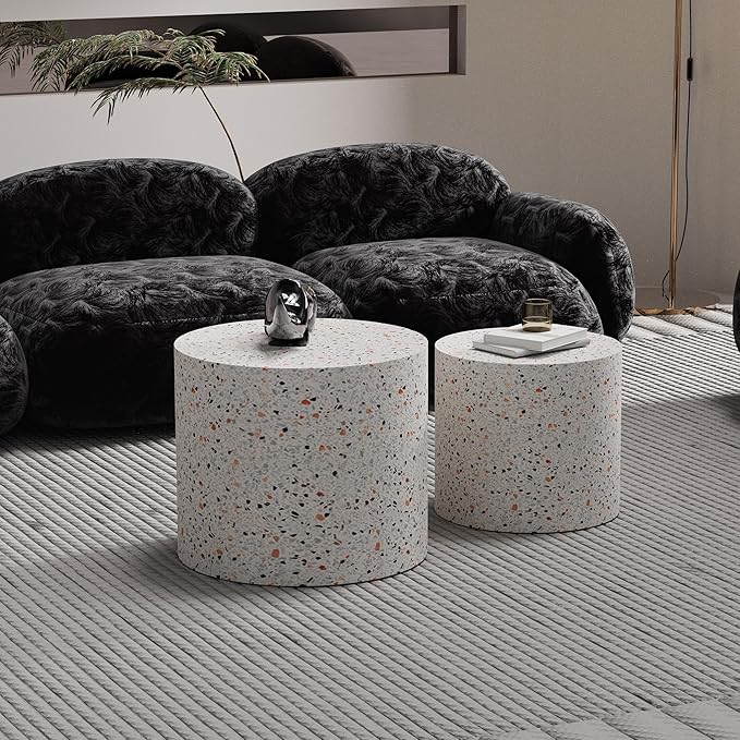 Round Nesting Coffee Tables Modern Terrazzo Coffee Table Small Round Coffee Table Circular Side Table Accent End Table Nesting Coffee Tables Set of 2 for Living Room (Terrazzo)