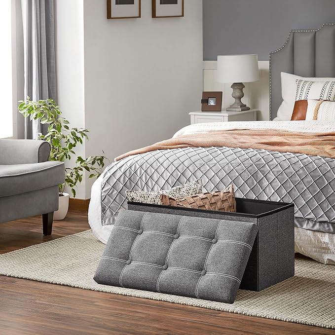 SONGMICS Mazie Collection - 30 Inches Ottoman Storage Bench, 21 Gal. Folding Chest with Breathable Linen-Look Fabric, Load up to 660 lb, for Entryway, Living Room, Bedroom, Dark Gray ULSF001G01-NeatNest