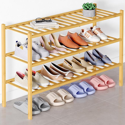 Smiry Bamboo Shoe Rack for Closet, 3 Tier Long Wooden Stackable Shoe Organizer, Free Standing Shoes Storage Shelf for Entryway, Front Door Entrance, Natural-NeatNest