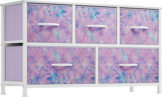 DWVO Dresser with 5 Drawers - Fabric Storage Tower, Organizer Unit for Bedroom, Living Room, Closets - Sturdy Steel Frame, Wooden Top (Purple)-NeatNest