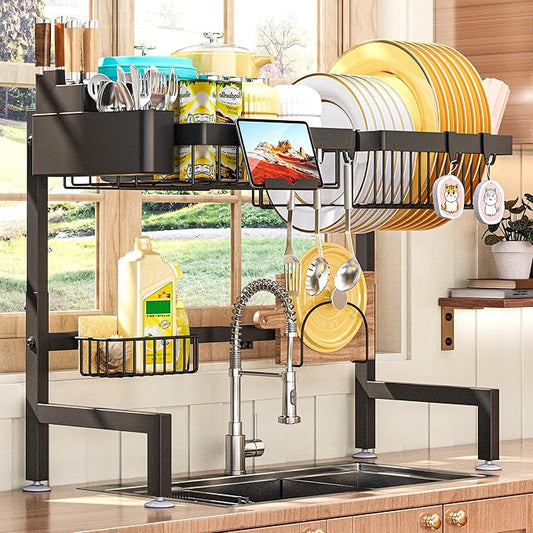 ADBIU Over The Sink Dish Drying Rack (Expandable Height and Length，22.6" - 35.5" L) Snap-On Design 2 Tier Large Dish Rack