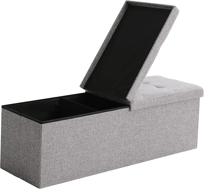 Cuyoca 45.3 Inches Foldable Seat Footrest Shoe Bench End of Bed Storage with Flipping Lid, 166L Upholstered Tufted Bench, Linen Fabric Grey-NeatNest