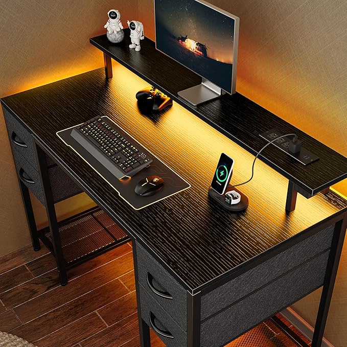 Huuger 47 inch Computer Desk with 4 Drawers, Gaming Desk with LED Lights & Power Outlets, Home Office Desk with Large Storage Space for Bedroom, Work from Home, Black-NeatNest
