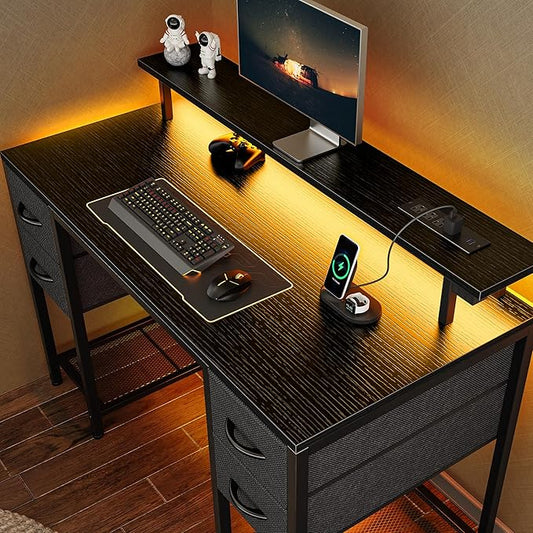 Huuger 47 inch Computer Desk with 4 Drawers, Gaming Desk with LED Lights & Power Outlets, Home Office Desk with Large Storage Space for Bedroom, Work from Home, Black-NeatNest