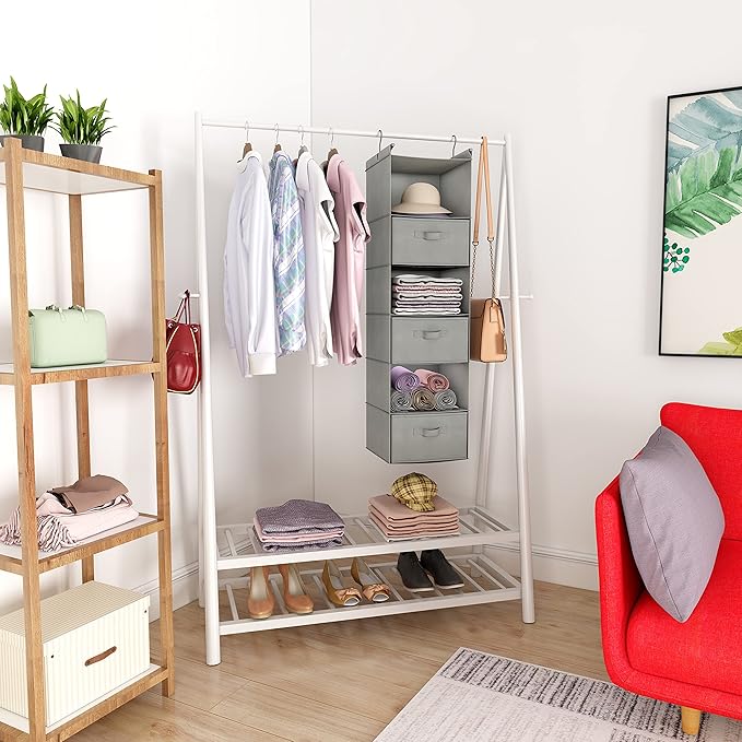 MAX Houser 6 Tier Shelf Hanging Closet Organizer, Closet Hanging Shelf with 2 Sturdy Hooks for Storage, Foldable (Light Grey-D3)-NeatNest