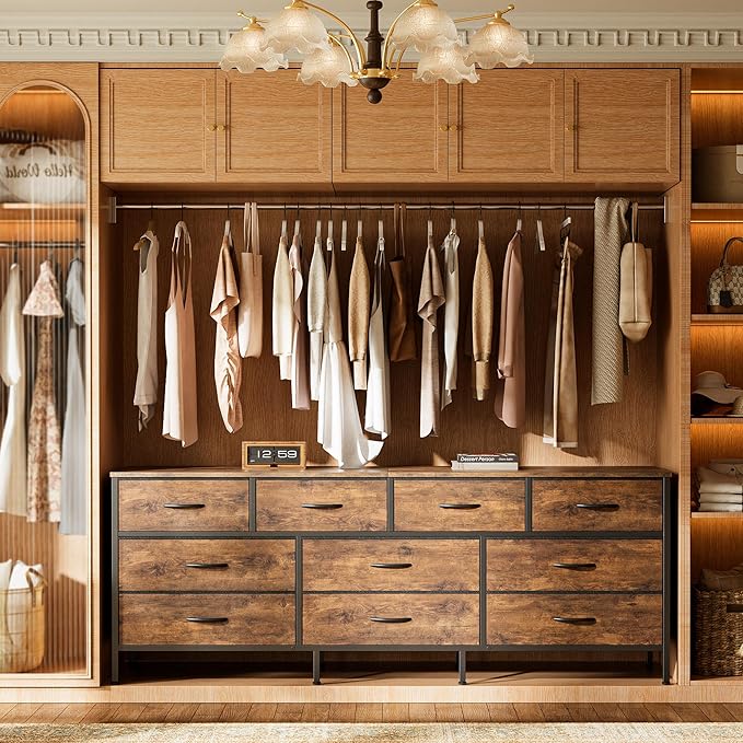 Huuger 63 Inch Dresser for Bedroom, Long Dresser with 10 Fabric Drawers, TV Stand for 55, 65, 70 Inch TV, Toy Storage Organizer for Closet, Rustic Brown-NeatNest