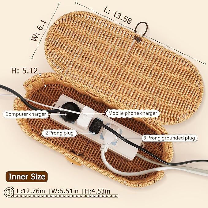 Cable Management Box, Handwoven Faux Rattan Cord Organizer Box with Lid, 2 Open Slots Cable Organizer Box, Decorative Cord Hider Box for Tv Computer USB Hub & Power Strip Holder