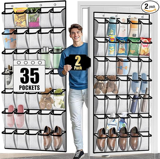 Aheroi Over the Door Shoe Organizer, 2 Pcs 35 Pockets Large Soild Hanging Shoe Rack, Mesh Shoe Organizer Door Hanger Up to 40 lbs, Over Door Shoe Holder, Shoe Storage Hanging Bag with 4 Metal Hooks