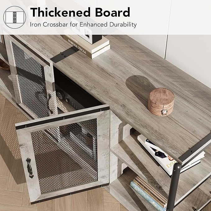 CABIHOME Farmhouse TV Stand for 75/80 inches TVs, Entertainment Center with Storage Cabinet and Mesh Doors, Industrial Media Console Cabinet Table, Living Room Media Furniture, Light Grey-NeatNest