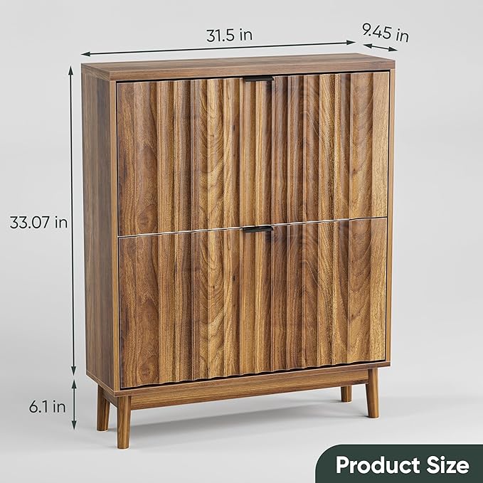 Shoe Cabinet with 2 Flip Fluted Panel Drawers, Hidden Shoe Organizer with Solid Wood Legs, Entryway Shoe Rack Cabinet for Hallway, Walnut