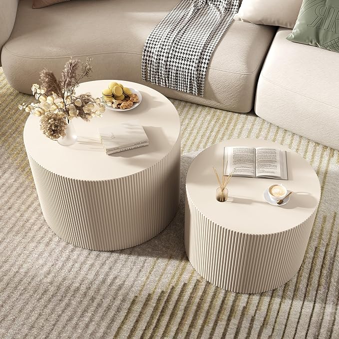 Round Coffee Table Set of 2, Modern Wooden Beige Nesting Coffee Tables for Living Room, No Assembly Required Circle Side Tables Set Accent End Table for Bedroom, Balcony