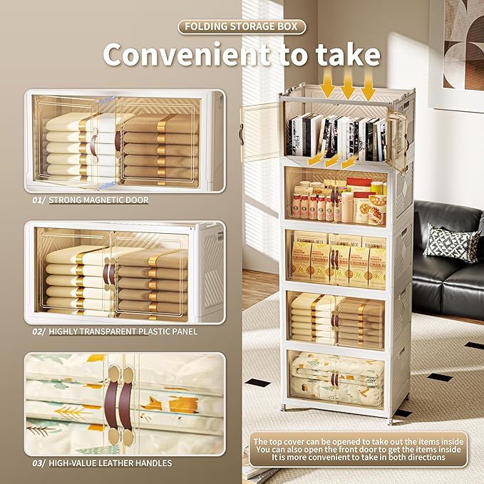 660 QT / 165 Gal Collapsible Storage Bins with Wheels & Magnetic Doors - Stackable Plastic Cabinet Organizer for Home, Garage, Closet (White Space-Saving Containers)-NeatNest