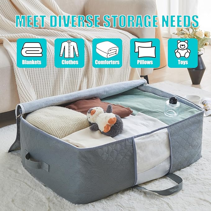 105L Extra Large Storage Bags for Blankets, King Comforters, Bedding, Clothes, Pillows, Sheets - Closet Organizers and Storage with 4 Handles & Clear Window, Foldable & Breathable (Grey, 3pack)-NeatNest