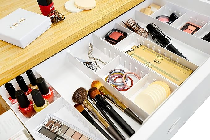 CAXXA 3 Slot Drawer Organizer with 4 Adjustable Dividers - Junk Drawer Storage for Makeup & Vanity, Office Desk Supplies and Accessories (WHITE, 1 PACK)-NeatNest