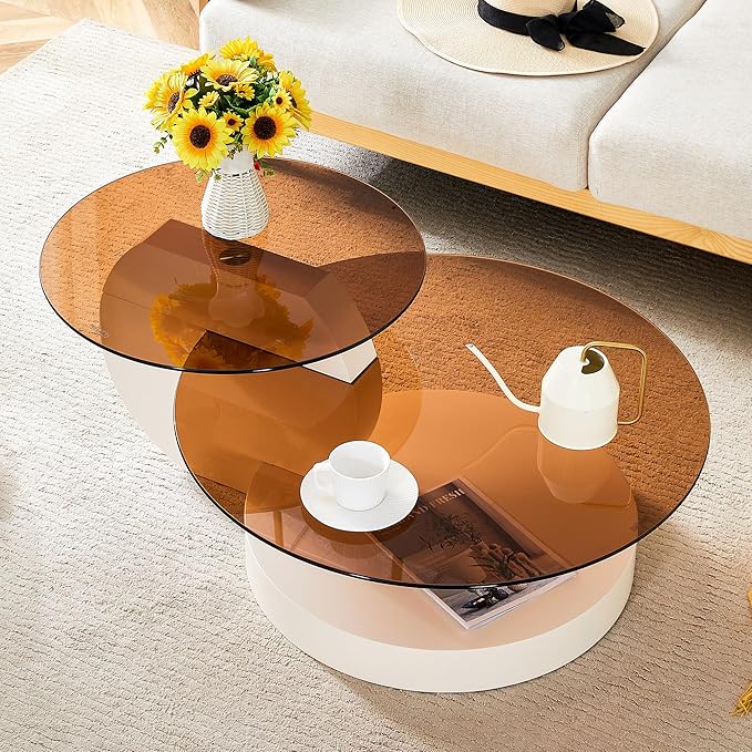 Glass Coffee Tables for Living Room Round Coffee Tables Modern Double Layer Round Table Circle Coffee Table for Small Space Home Office (42 Inch Amber Yellow Glass)