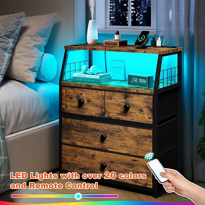 EnHomee Nightstand with Charging Station & LED Lights, 21.8" W Bedside Table with 4 Fabric Drawers, Night Stand with Outlets and 2 Ports for Bedroom, Table with Wood Shelf, Rustic Brown