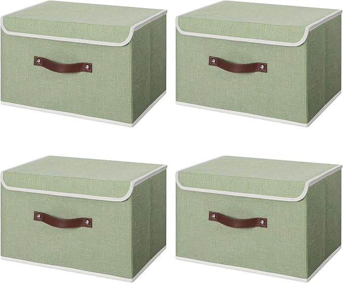 ANMINY 4PCS Storage Bins with Lid PU Leather Handles Storage Boxes PP Plastic Board Decorative Foldable Lidded Cotton Linen Fabric Home Cubes Baskets Closet Organizer Containers - Green, Large Size-NeatNest