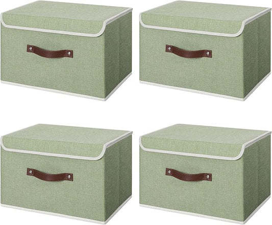 ANMINY 4PCS Storage Bins with Lid PU Leather Handles Storage Boxes PP Plastic Board Decorative Foldable Lidded Cotton Linen Fabric Home Cubes Baskets Closet Organizer Containers - Green, Large Size-NeatNest