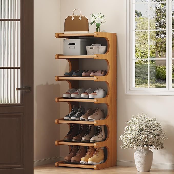 7-Tier Vertical Shoe Rack, Bamboo Free Standing Shoe Rack Shelf, Shoe Storage Stand, Entryway Shoe Tower, Vertical Shoe Organizer for Narrow Closet, Entryway, Hallway, Rustic Brown (16")-NeatNest