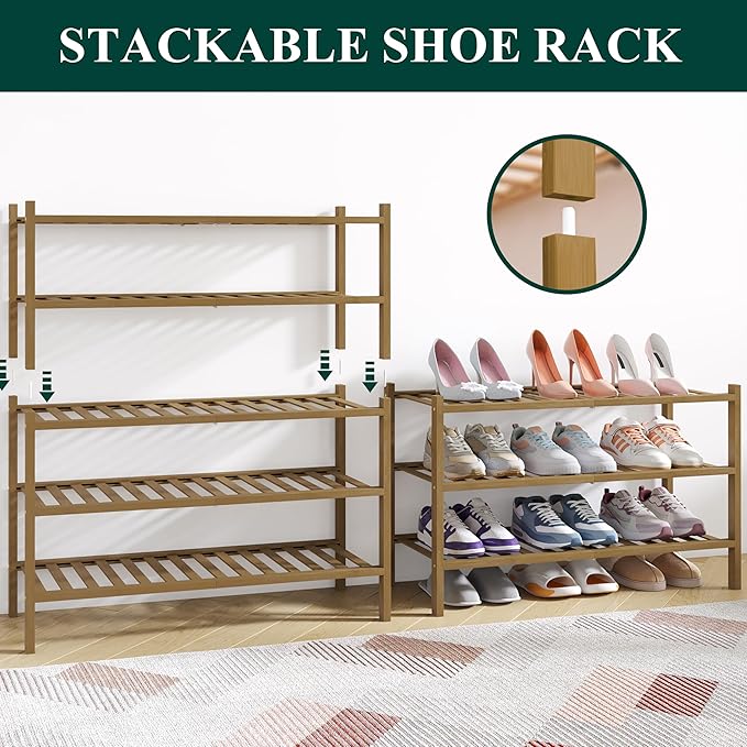 Smiry Bamboo Shoe Rack for Closet, 3 Tier Wooden Stackable Shoe Organizer, Free Standing Shoes Storage Shelf for Entryway, Front Door Entrance, Walnut-NeatNest