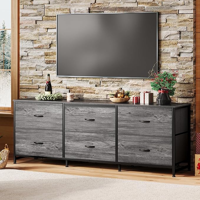Huuger 63 Inch Long Dresser for Bedroom, Wide TV Stand for 55, 65, 70 Inch TV, 6 Drawer Dresser for Closet with Fabric Drawers, Storage Organizer for Bedroom, Entryway, Grey-NeatNest