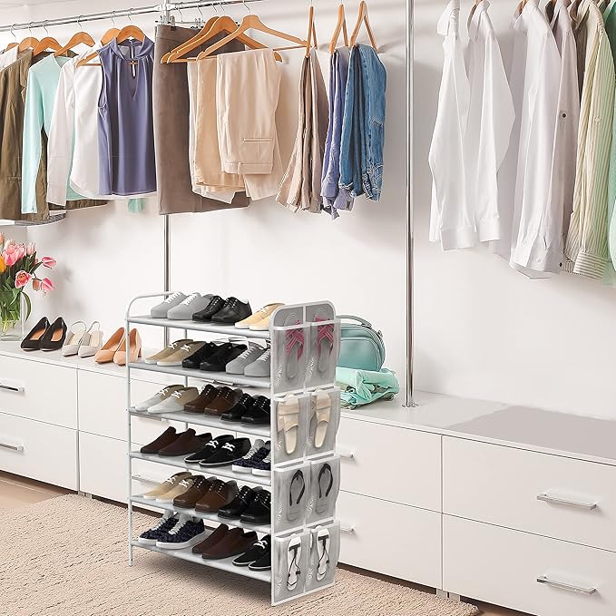 Simple Houseware 6-Tier Shoe Rack Storage Organizer w/Side Hanging Bag, Grey-NeatNest