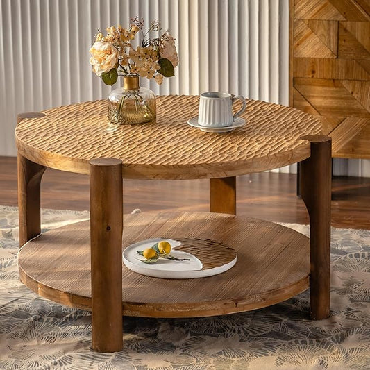 kevinplus 34.65'' Round Coffee Table 2-Tier for Living Room, Modern Mid-Century Circle Carved Handcrafted Solid Wood Coffee Table, Easy Assembly, Natural