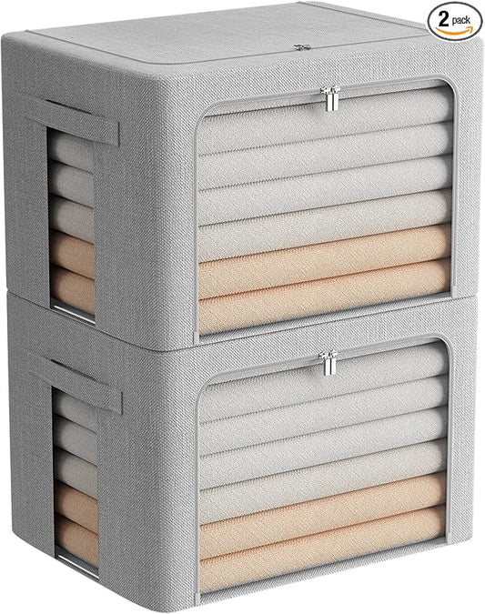 2 Pack Clothes Storage Bins Stackable Metal Frame Storage Box Large Capacity Foldable Linen Fabric Box Organizer with Carrying Handles and Clear Window(Light Gray, 23.6X 16.5X 15.7 Inch)-NeatNest