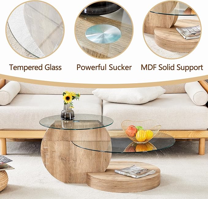 Glass Coffee Tables Round Coffee Tables for Living Room Modern 3 Tier Round Table Circle Coffee Table for Small Space Home Office (35.4 Inch Light Wood)
