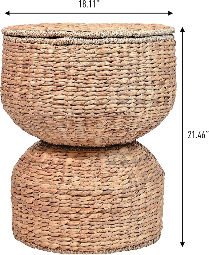 happimess SAT1000A Bhola 18" Hourglass Handwoven Hyacinth Storage Accent Table with Lid for Storage and Decoration in Bedroom, Living Room, Kitchen, Dining Room, Entryway, Guestroom, Natural