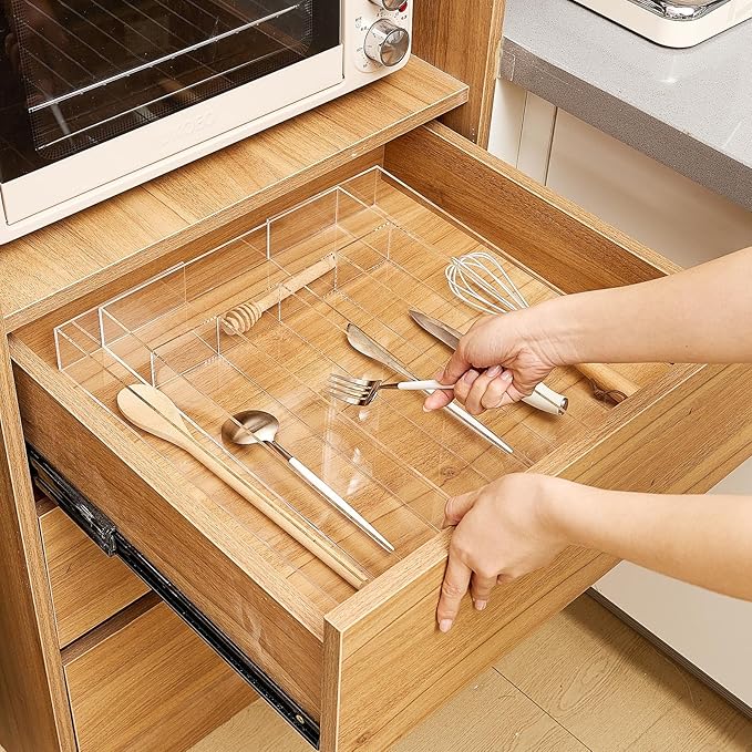 Expandable Kitchen Drawer Organizer Clear Acrylic Utensil Organizer Adjustable Acrylic Silverware Storage for Kitchen Drawers Silverware Flatware Knives(5-7 Compartments,12 x 16 Inches)