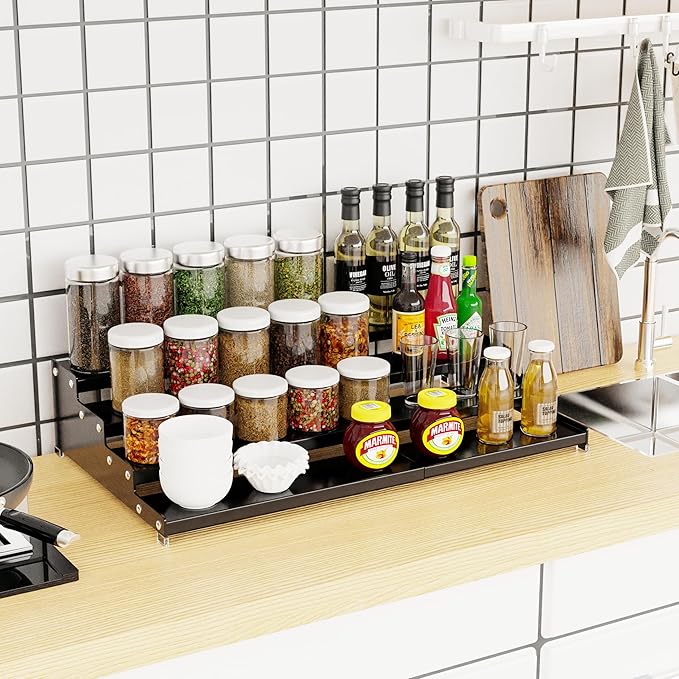Expandable 4-Tier Step Spice Rack Organizer for Kitchen Cabinet Modern Design and Non Skid Space Saving Storage Shelf for Countertop Cabinets Pantry(1Pack/Black)-NeatNest
