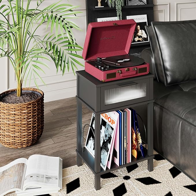 End Table with Record Player Stand, Side Table with Storage, 2-Tier Nightstand with Drawer and Record Holder, Modern Black Bedside Table for Living Room Bedroom MLBZ18B