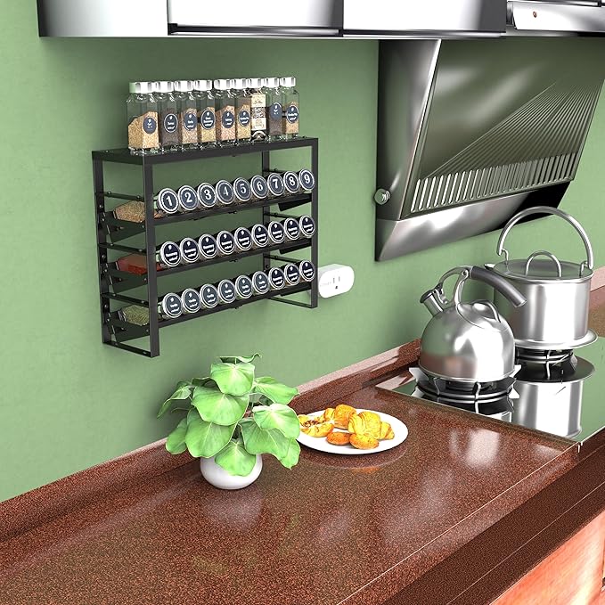 Expandable, Stackable, Adjustable Spice Rack kitchen Organizer,Metal Pantry Storage Shelves - Multi-Tier Shelf for Cabinet, Countertop, Pantries, Cupboard or Wall Mount,Black-NeatNest