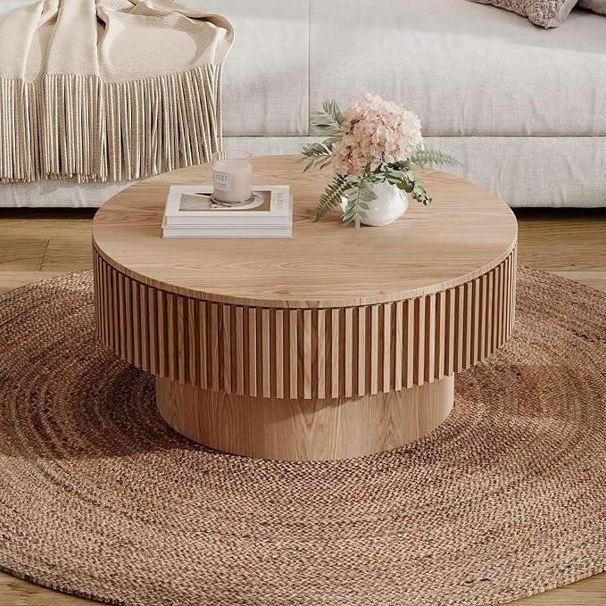 kevinplus 31.5'' Round Coffee Table with Storage Space, Modern Wood Circle Fluted Drum Pedestal Coffee Table for Living Room, Easy Assembly, Oak (ø31.49'' x 14'')