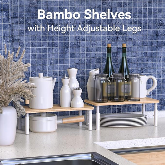 Cabinet Organizer Shelf, Spice Rack Set of 2 Kitchen Pantry Cupboard Shelves, Stackable, Height Adjustable, Natural Bamboo (15.6" Wx77.Dx6.57 H per Pack)-NeatNest