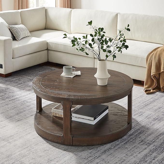 Coffee Table Round Wood Brown 40" Coffee Tables for Living Room Modern Circle Center 2-Tier Solid Desktop Minimalistic Design Accent with Shelf Storage Home Furniture Apartment Office Easy to Assemble-NeatNest