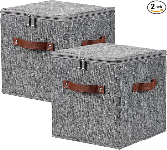 2PCS Storage Cubes with Lid Fabric Storage Bins Boxes PU Leather Handles Cotton Linen Closet Organizer Container Decorative Foldable Washable Shelf Cloth Basket (Zipper Lid, Gray, 11in)-NeatNest