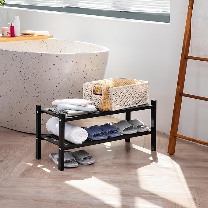 Black Acacia Wood 2-Tier Folding Shoe Rack – Space-Saving Wooden Shoe Organizer Shelf for Entryway, Hallway, Mudroom, or Closet – Compact Indoor Storage for Footwear & More-NeatNest