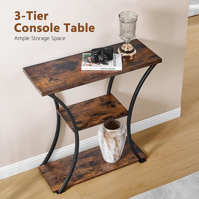 Hoctieon 3 Tier Console Table with Open Wood Shelves, Decorative Entryway Table with Curved Metal Frames, Narrow Sofa Table for Entrance, Living Room, Hallway, Rustic Brown+Black-NeatNest
