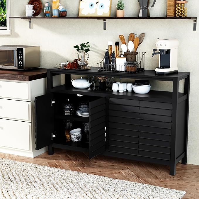 HLR Bathroom Floor Storage Cabinet, Farmhouse Sideboard with Decorative Louvered Doors, Bathroom Storage Unit with 4 Doors & Shelves, Freestanding Credenza for Dining Room, Living Room, Hallway, Black-NeatNest