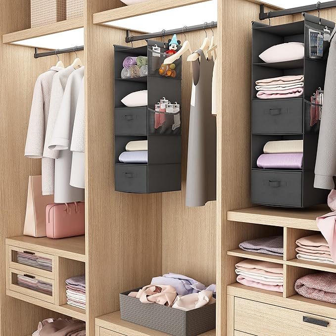 MAX Houser 5 Tier Shelf Hanging Closet Organizer, Cloth Hanging Shelf with 2 Sturdy Hooks for Storage, Foldable (Grey-D2)-NeatNest
