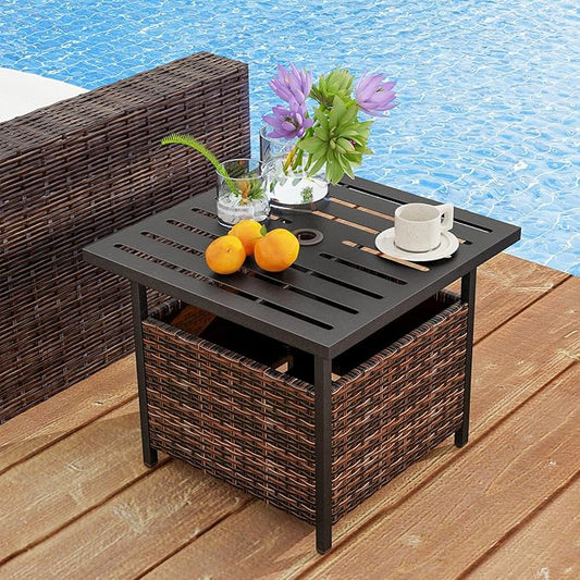 Patio Side Table with Umbrella Hole, 22" Rattan Wicker Umbrella Stand Table, Outdoor End Table for Patio, Garden, Poolside & Yard (Mix Brown)