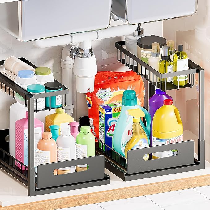 VUSIGN Under Sink Organizers Storage, 2 Tier Under Cabinet Organizer Shelf, Pull Out Kitchen Bathroom Sink Organizer Storage Organization, 2 Pack Black-NeatNest