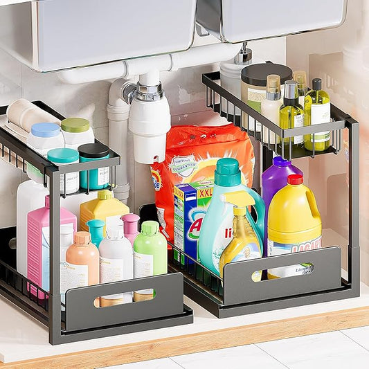 VUSIGN Under Sink Organizers Storage, 2 Tier Under Cabinet Organizer Shelf, Pull Out Kitchen Bathroom Sink Organizer Storage Organization, 2 Pack Black-NeatNest